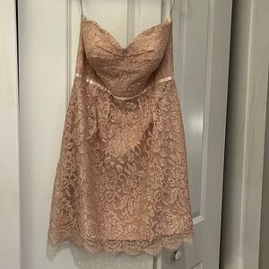 Strapless, pink and gold lace dress